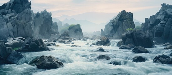 Water flows through large stones. Creative banner. Copyspace image