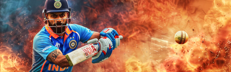 Indian Male Cricketer Mid-Swing, Striking Ball with Fiery Explosion Behind