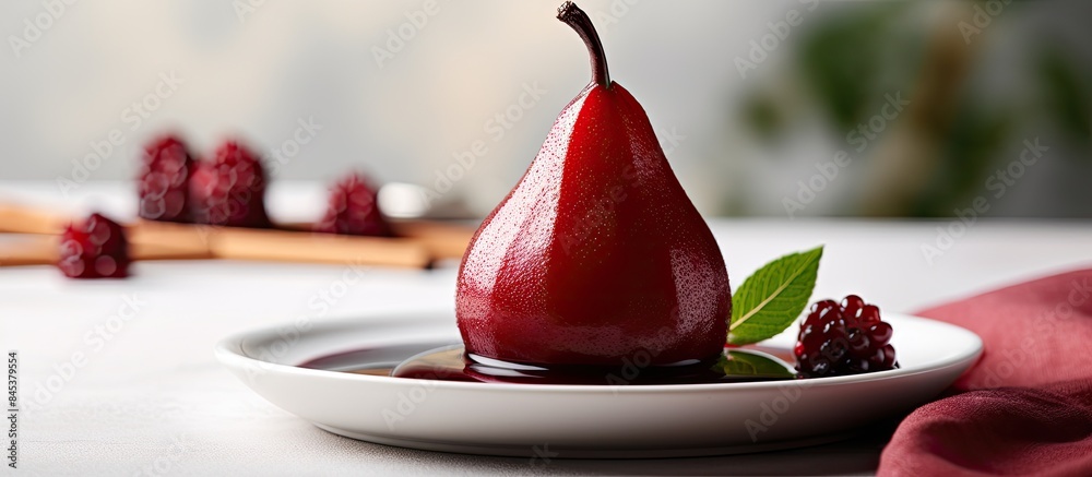 Poster Poached pear in red wine with cinnamon on a light background. Creative banner. Copyspace image
