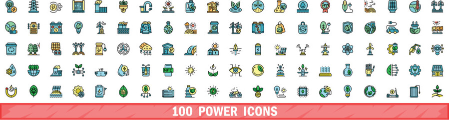 100 power icons set. Color line set of power vector icons thin line color flat on white