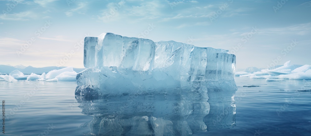 Poster Ice Block in Water in focus with small waves around it. Creative banner. Copyspace image