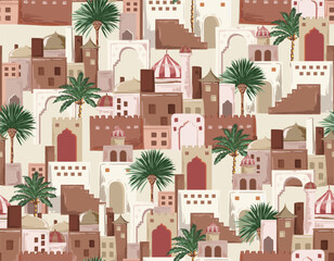 Moroccan architecture. City Scape building and garden seamless pattern,  bohemian aesthetic. Vector illustration