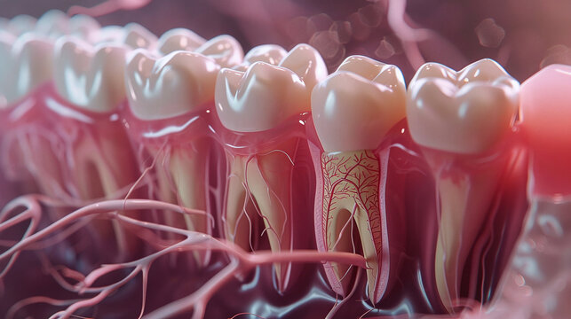 visualization of a human tooth and the nerve endings leading to it. concept of dental treatment in dentistry, removal of nerves, relief from pain