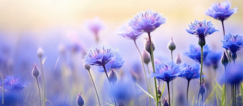Poster Cornflowers in the field soft focus shallow depth of field. Creative banner. Copyspace image