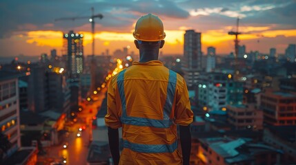 Obraz premium A worker in reflective gear stands with his back to the camera, overlooking a cityscape under a sunrise sky
