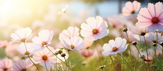 white pink cosmos flower blooming in the garden with sunshine. Creative banner. Copyspace image
