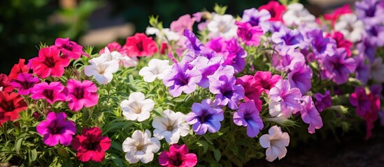 Obraz premium Petunia flowers bloom petunia blossom Petunia flowers in garden Close up of a flowerbed with multi colored petunias. Creative banner. Copyspace image