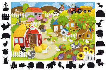 cartoon scene with farm board game page with farm village ranch finding elemens illustration for children
