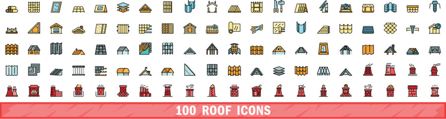 100 roof icons set. Color line set of roof vector icons thin line color flat on white
