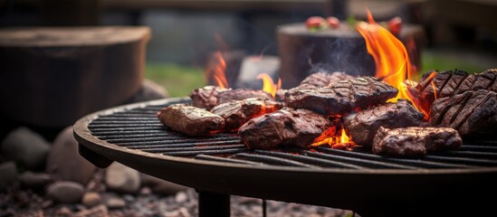 Large piece of meat cooking on large outside barbecue fire pit Outdoor cooking. Creative banner. Copyspace image