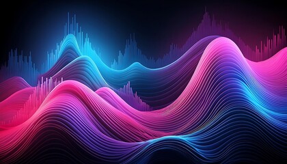 Abstract futuristic technology background with shining wavy lines in blue, pink, and red colors. Suitable for banners, posters, wallpaper, wall decorations
