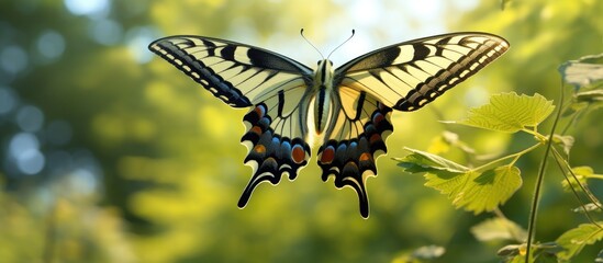 Papilio machaon a medium sized butterfly lives in America and Eurasia. Creative banner. Copyspace image