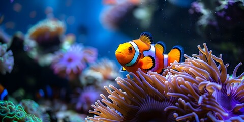 Illustration of clownfish and anemone showcasing symbiotic relationships in coral reefs. Concept Marine life, Symbiosis, Coral reef ecosystem, Clownfish and anemone relationship