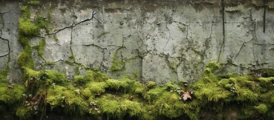 Mossy old walls The walls are broken and dirty Little greenery plants on an old wall. Creative banner. Copyspace image