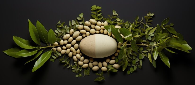 Egg woman Tamalaki Hazardana Stonebreaker Seed under leaf Phyllanthus niruri L top view have a medicine properties. Creative banner. Copyspace image