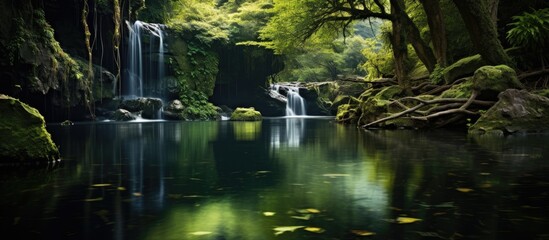 Waterfall Pond Reflection. Creative banner. Copyspace image