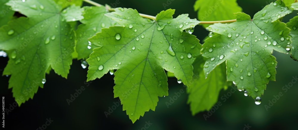 Poster rain drops on the leaves of wild grapes with isolated green background green leaves of wild grapes i