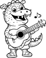 Cartoon cute smiling crocodile standing and plays guitar. Outline vector illustration
