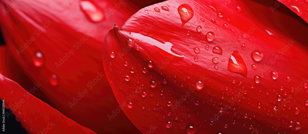 Poster closeup of red tulip petal with droplets of water. creative banner. copyspace image
