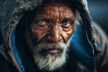 Portrait of Elderly Man with Intense Gaze and Weathered Face in Hooded Jacket