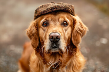 Portrait of a Golden Retriever dog with a cap in autumn park