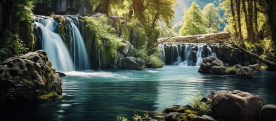 Naklejka premium Waterfall with stones in wild nature. Creative banner. Copyspace image