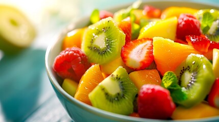 A close-up of a vibrant fruit salad featuring kiwi, mango, and strawberries in a blue bowl - Powered by Adobe