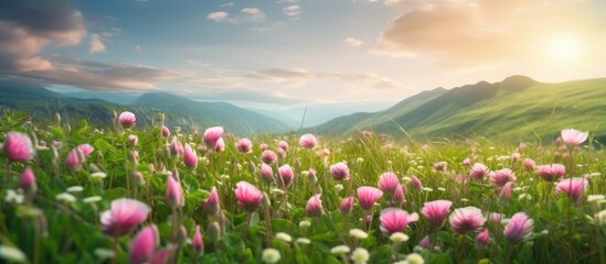 Fototapeta premium Blooming clover field in nature as a background. Creative banner. Copyspace image