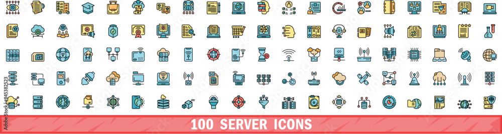 Wall mural 100 server icons set. color line set of server vector icons thin line color flat on white