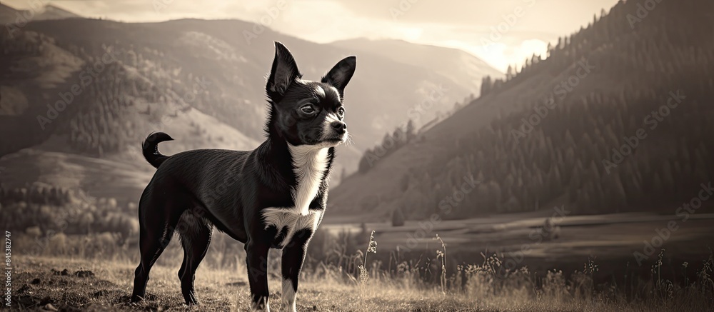 Poster black and white chihuahua stay in the field. creative banner. copyspace image