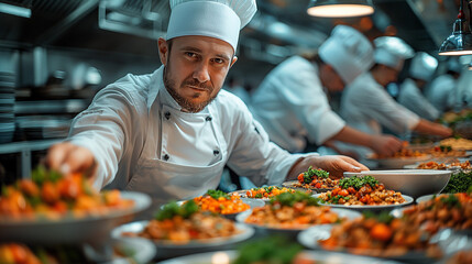 Portrait of a man chef in his forties. He is focused on putting sauce on a colorful plateful He is wearing white chef clothes and hat. 