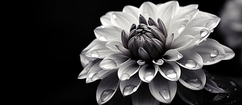 rose dahlia with water rain drop Black and White version. Creative banner. Copyspace image