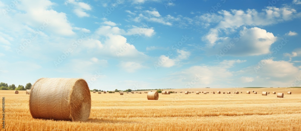 Poster straw bales on field in summer. creative banner. copyspace image