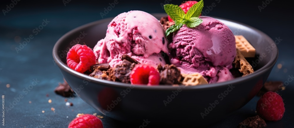 Aufkleber berries ice cream in a white bowl with chocolate cookies on dark background summer vibes. creative b