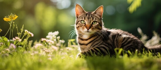 Cute tabby cat sitting in the park Portrait of a cat outdoor. Creative banner. Copyspace image
