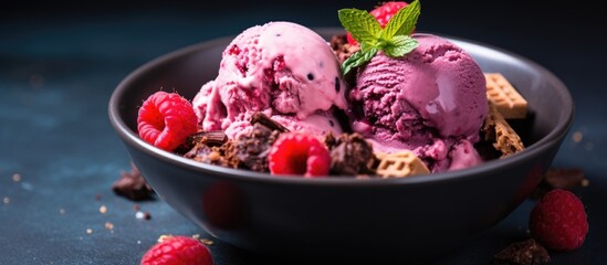 Berries ice cream in a white bowl with chocolate cookies on dark background Summer vibes. Creative banner. Copyspace image
