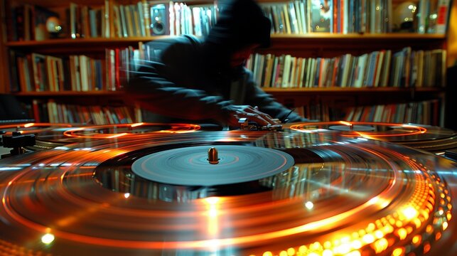 An image showing a DJ in motion, mixing music with turntables in a lively atmosphere with vibrant lighting