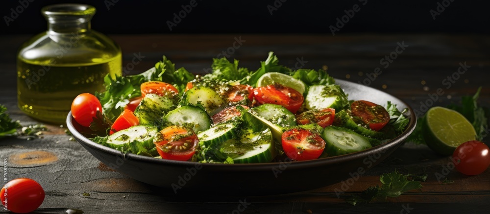 Poster fresh salad from different types of greens and cherry tomatoes seasoned with olive oil and lime juic