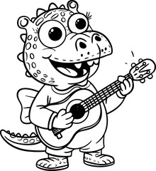Cartoon cute smiling crocodile standing and plays guitar. Outline vector illustration