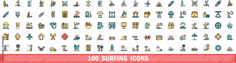 Wall mural 100 surfing icons set. color line set of surfing vector icons thin line color flat on white