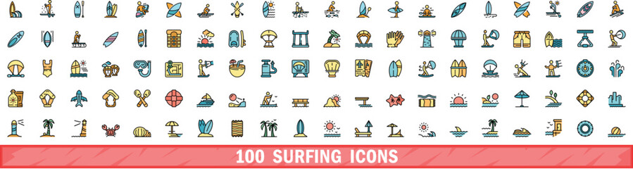 100 surfing icons set. Color line set of surfing vector icons thin line color flat on white