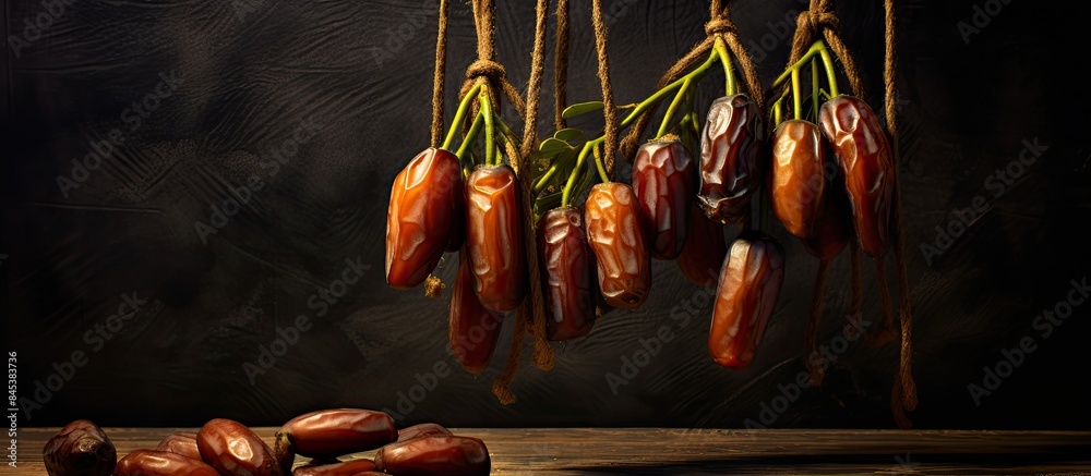 Poster the juicy fruits of the date growing on the date palm. creative banner. copyspace image