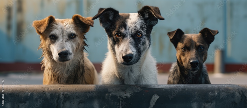 Poster mongrel yard dogs close up on the background of asphalt in summer. creative banner. copyspace image