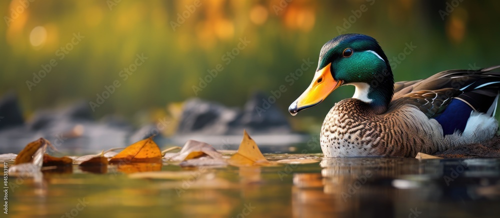 Poster mallard duck closeup in park. creative banner. copyspace image