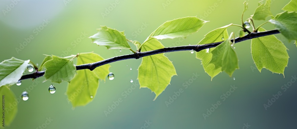 Poster Young leaves on a tree branch with wet drops in the spring. Creative banner. Copyspace image