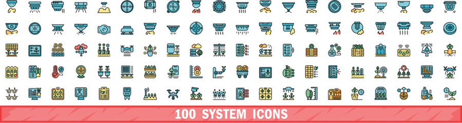 100 system icons set. Color line set of system vector icons thin line color flat on white