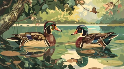 Wood ducks of both genders are paddling in a pond