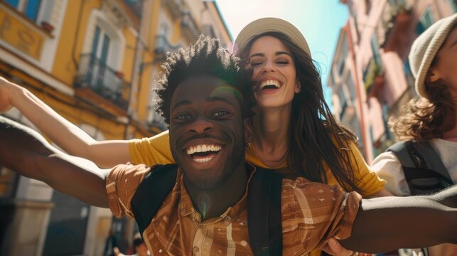 Happy group of friends having fun together on the street. Vacation, summer time