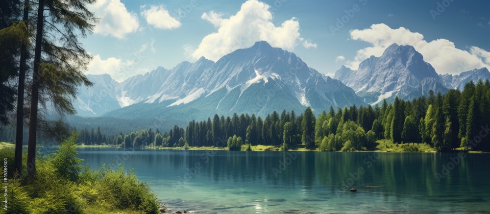 Aufkleber View of zugspitze with forrest and lake in foreground. Creative banner. Copyspace image