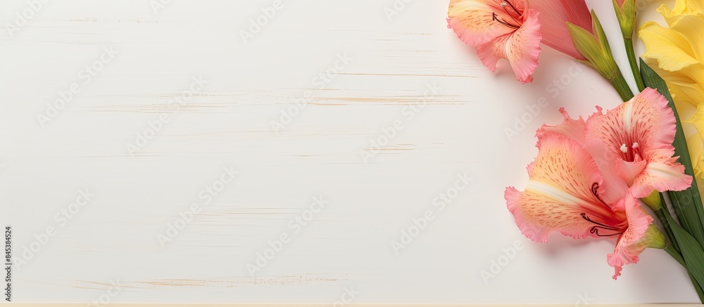 Poster branch of pale yellow and pink gladiolus flower and blank red paper sheet with on white office table